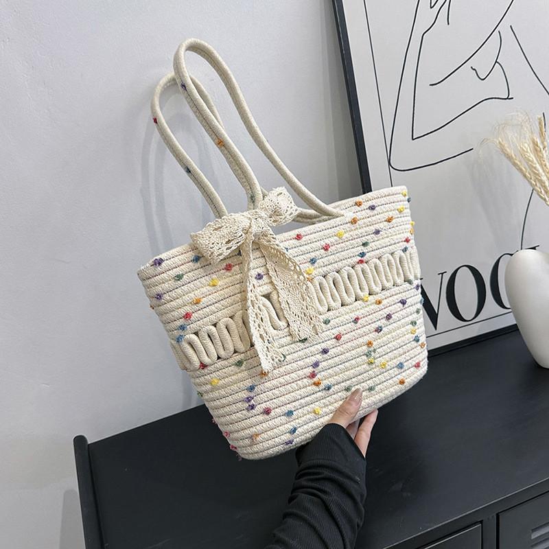 

Contemporary Cotton Blend Woven Basket Bag With Stylish Design For Women OffWhite Dot,Single Bag