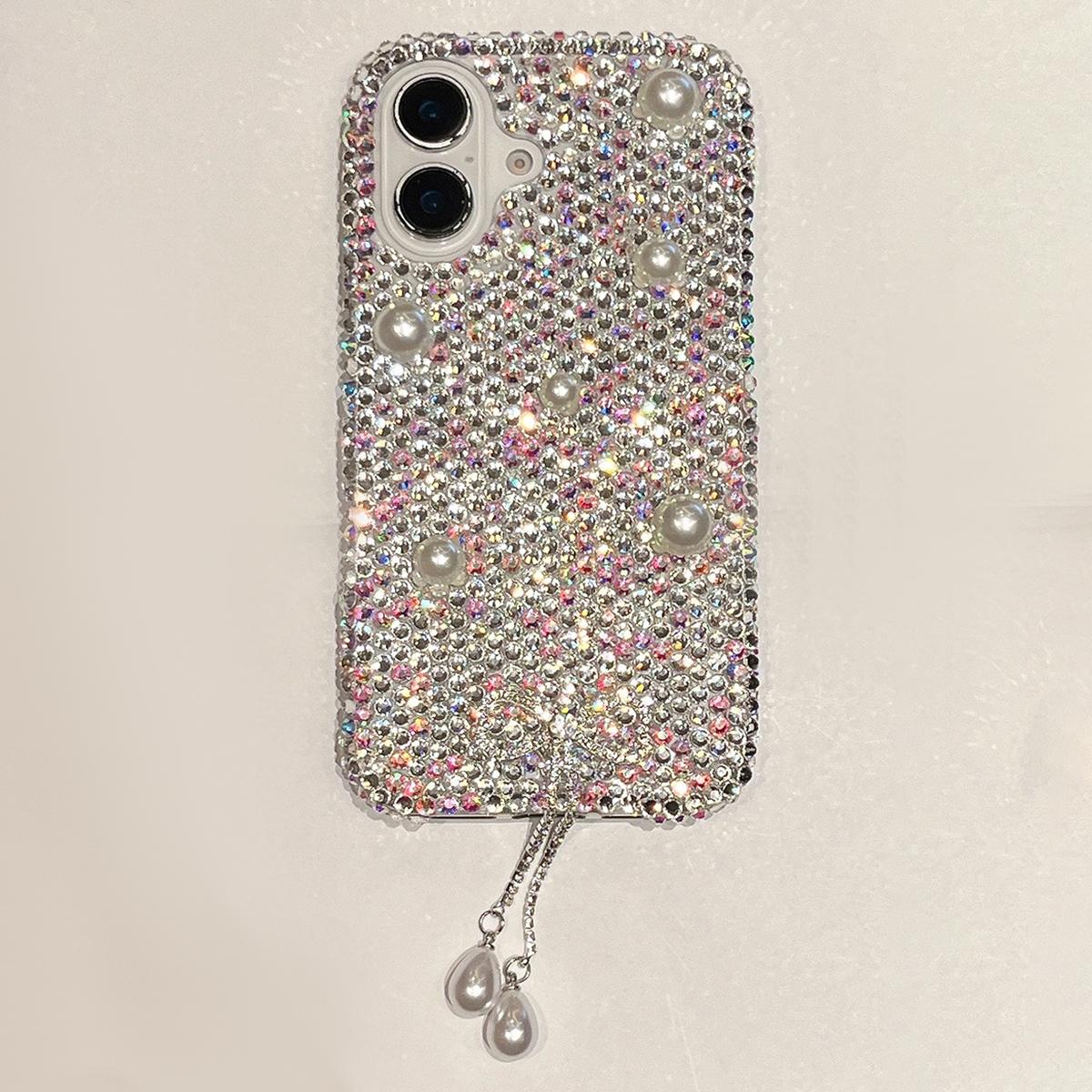 

Защитный чехол для iPhone 16 с жемчужным декором из стразов, задняя крышка для телефона с подвеской White