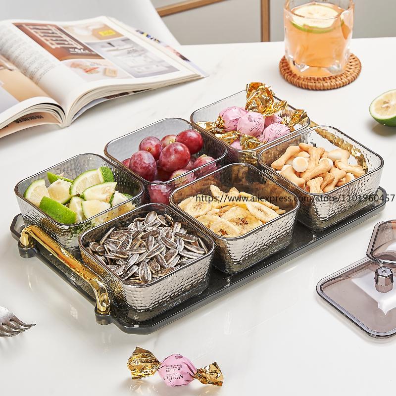Luxuriöse Servierplatte aus Glas mit 6 Fächern, hochästhetisches Design, perfekt für Snacks, Früchte, Desserts zu Hause