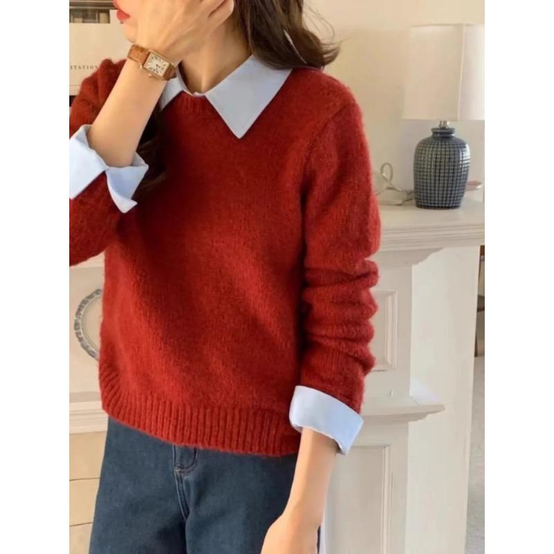 Winter Solid Knitted Pullover Sweater Women Retro Fake Two Pieces Top Pullover Female Korean Fashion Vintage Sweater 2024 New