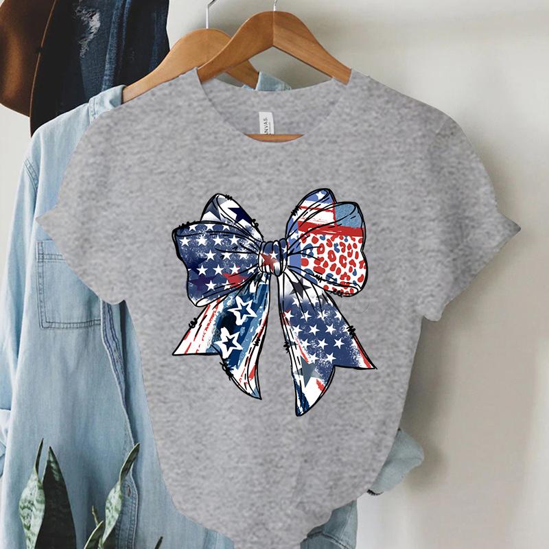 USA Flag Coquette Bow Design Woman T-shirts July 4th Crew Neck Summer Clothes Men 4th of July Coquette Bow Shirts and Blouses