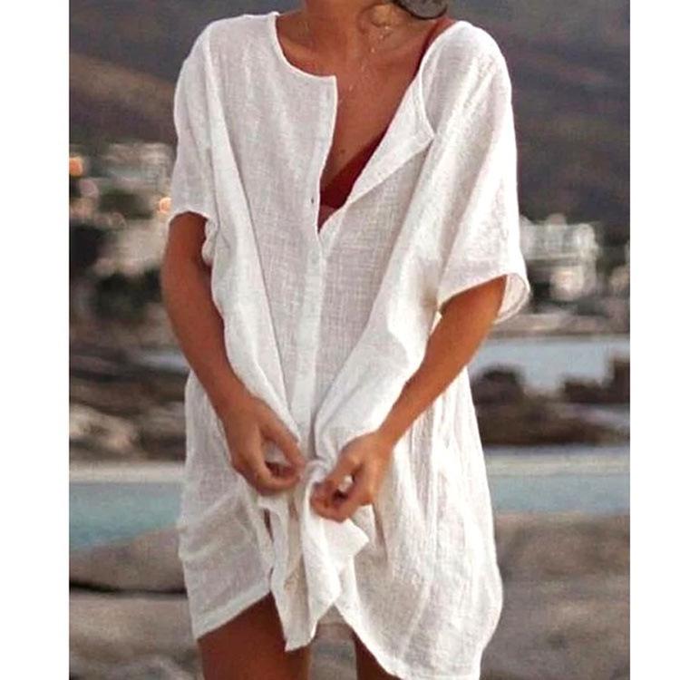 Camisa de Moda Europea y Americana para Mujer Multicolor, Multitalla de Longitud Media Holgada de Color Sólido Manga Corta
