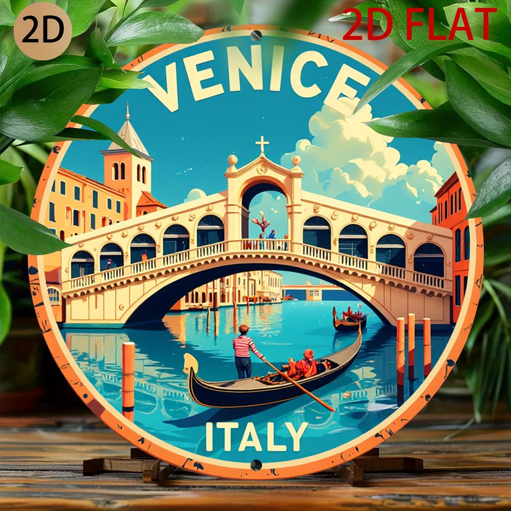 D Flat Vintage Italian Travel Poster Metal Wall Art Venetian Bridge Gondolas In Venice Aluminum Retro Italian Landmark De