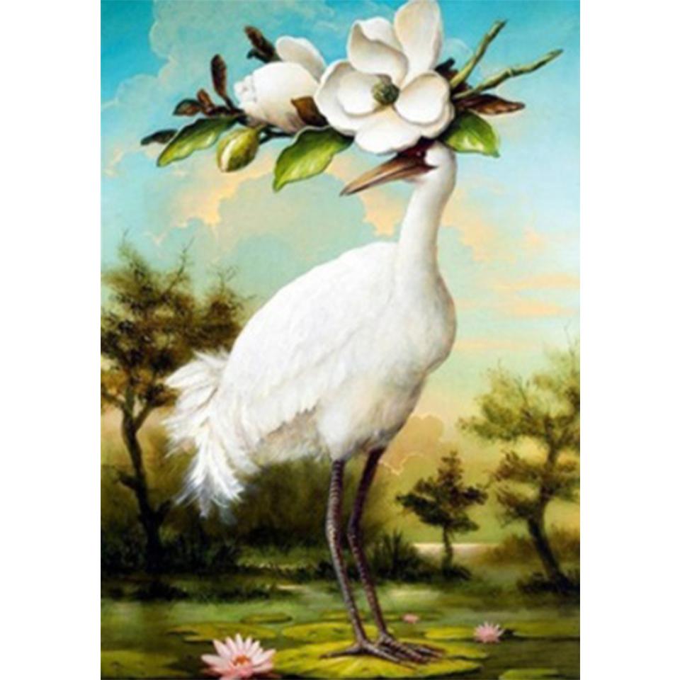 5D DIY White Crane Rhinestone Animal Diamond Painting Picture Full Round Full Diamond Mosaic Gift Cross Stitch Decoration Kit