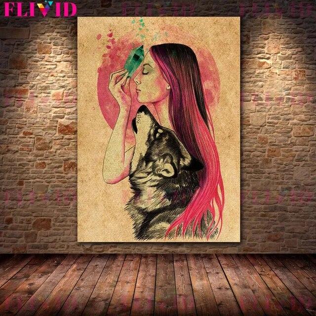 Wolf Woman And And Moon Wicca Vintage Wall Art Canvas Painting Daughters Of The Moon Art Poster And Print Home Decor No Frame