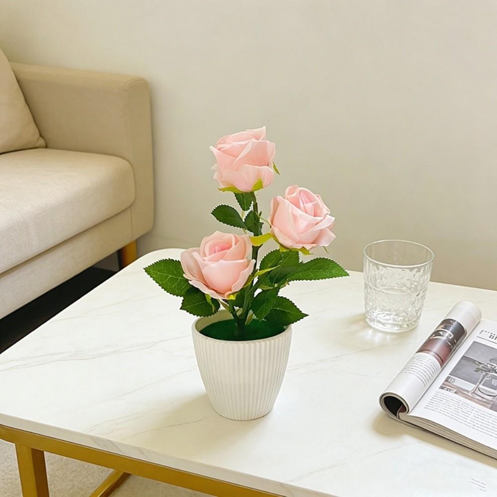 Multi-Bloom Artificial Rose Potted Flowers Red Plastic Fake Flower Home Decor