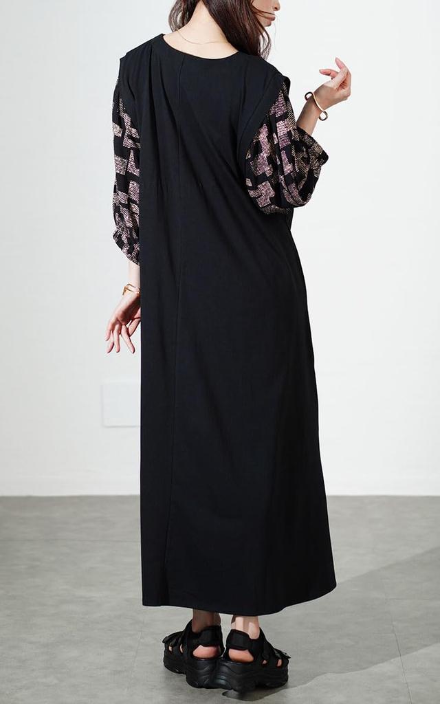 Gold Japan Große Größen Langes Cooles zu den Größen Schwarzes Damenkleid, Ärmel, Touch, Gemustert, Stretch, Frühling/Herbst/Sommer, LL-3L, (kt-7824560)