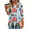 Women's Christmas Print V-Neck Three-Quarter Sleeve Casual Shirt for Holiday