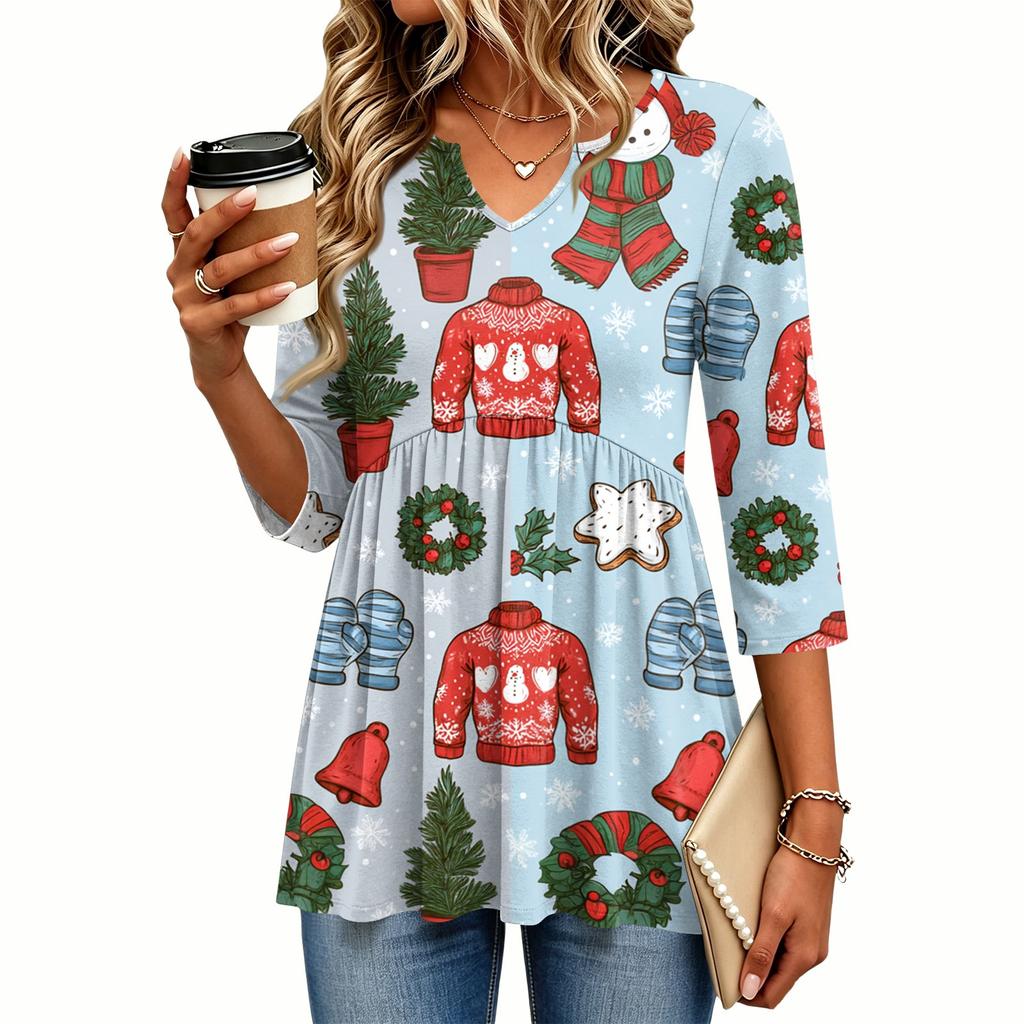 Women's Christmas Print V-Neck Three-Quarter Sleeve Casual Shirt for Holiday