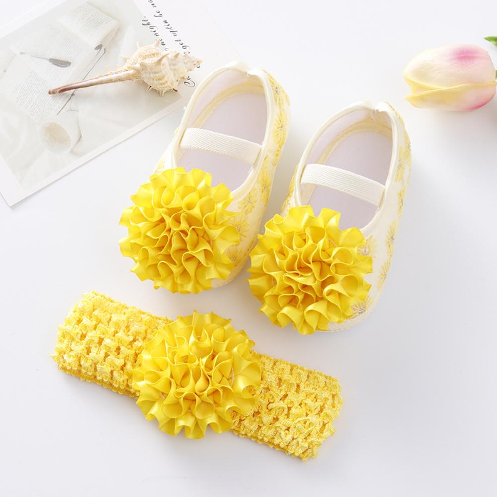 Newborn Baby Shoes Girls Flower Shoes Toddler Prewalker Cute Baby Soft Shoes For 0-12M Children With Hair Band