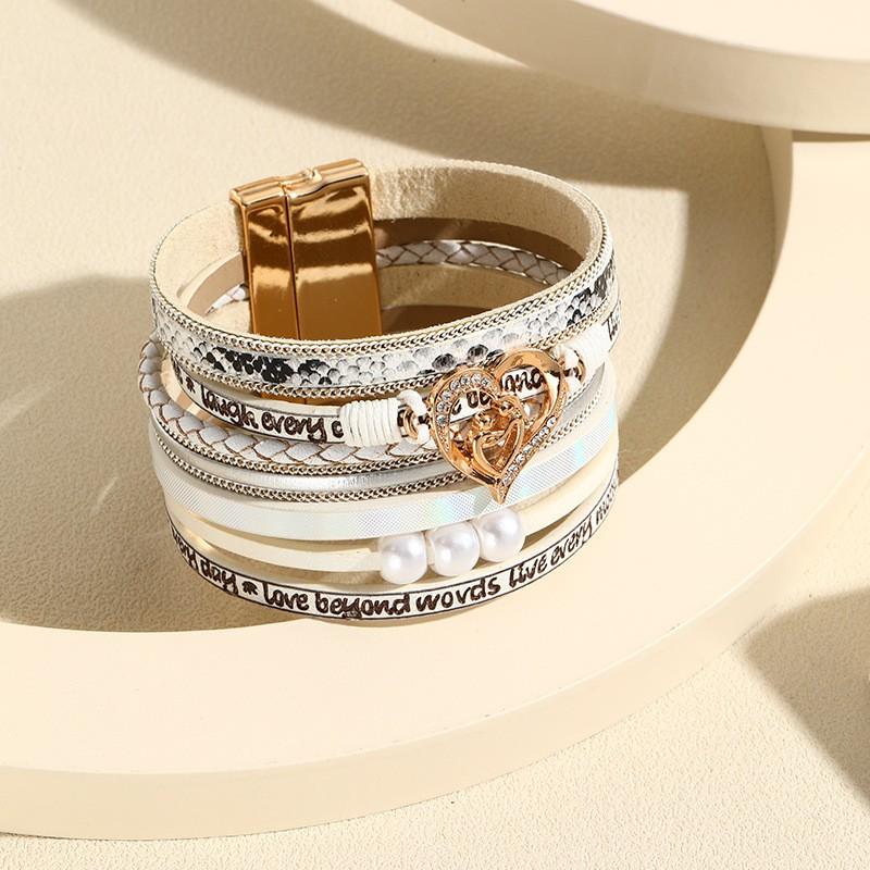 Boho Layered Leather Bracelet With Heart Charm Adjustable Opening Bangle Women Girls Fashion Accessory