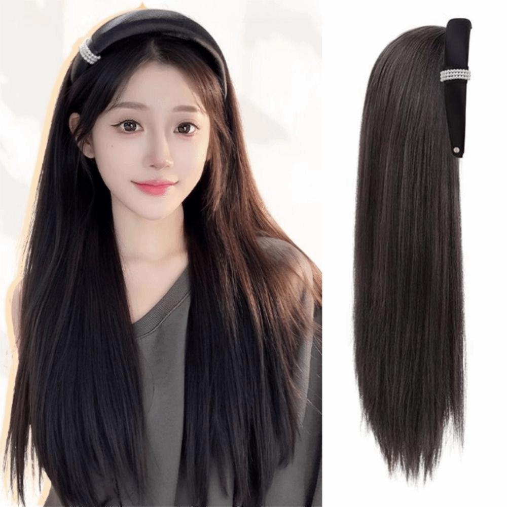 Hair Hoop Half Headband Wig Korean Style Long Straight Hair Simulated Pearl Headband Wig  Party