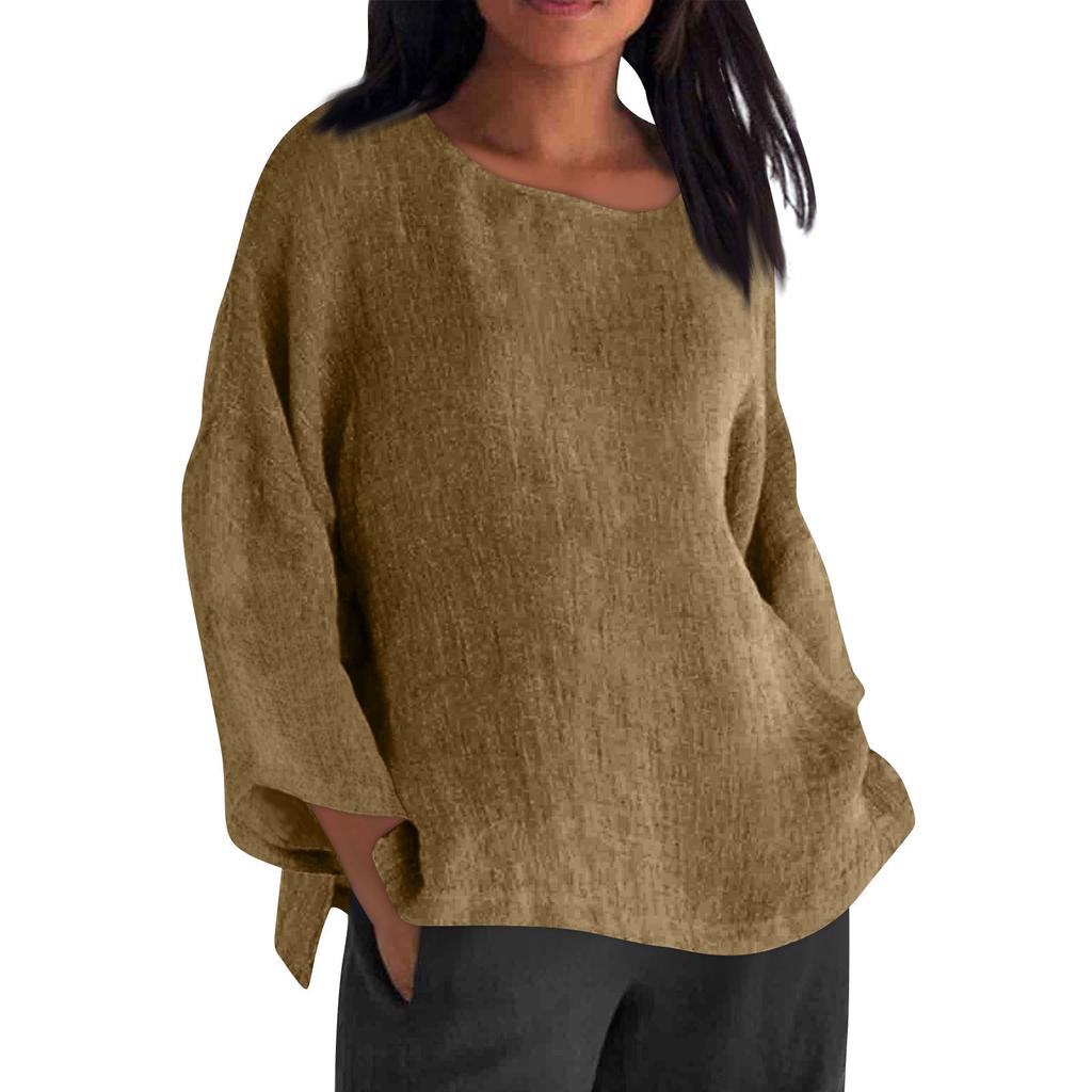 Long Sleeved Round Neck Solid Color Top Cotton and Linen Women’s Blouses & Shirts