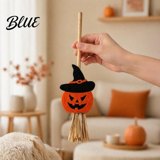 Durable Glitter Felt Patterns Halloween Mini Broomstick Ornament Witch Pumpkin Bat Ghost Decor with Natural Grass Desktop Broom Festive Tabletop