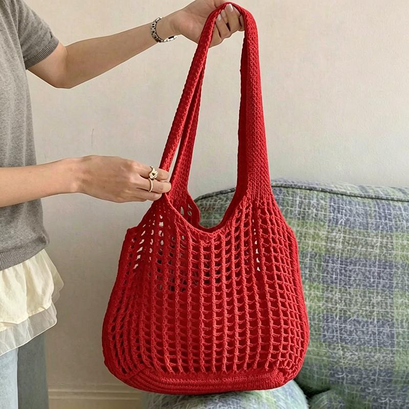Yogodlns Casual Hollow Knitted Large Tote Bag Designer Handmade Woven Women Shoulder Bags Luxury Summer Beach Bag Shopper Purses