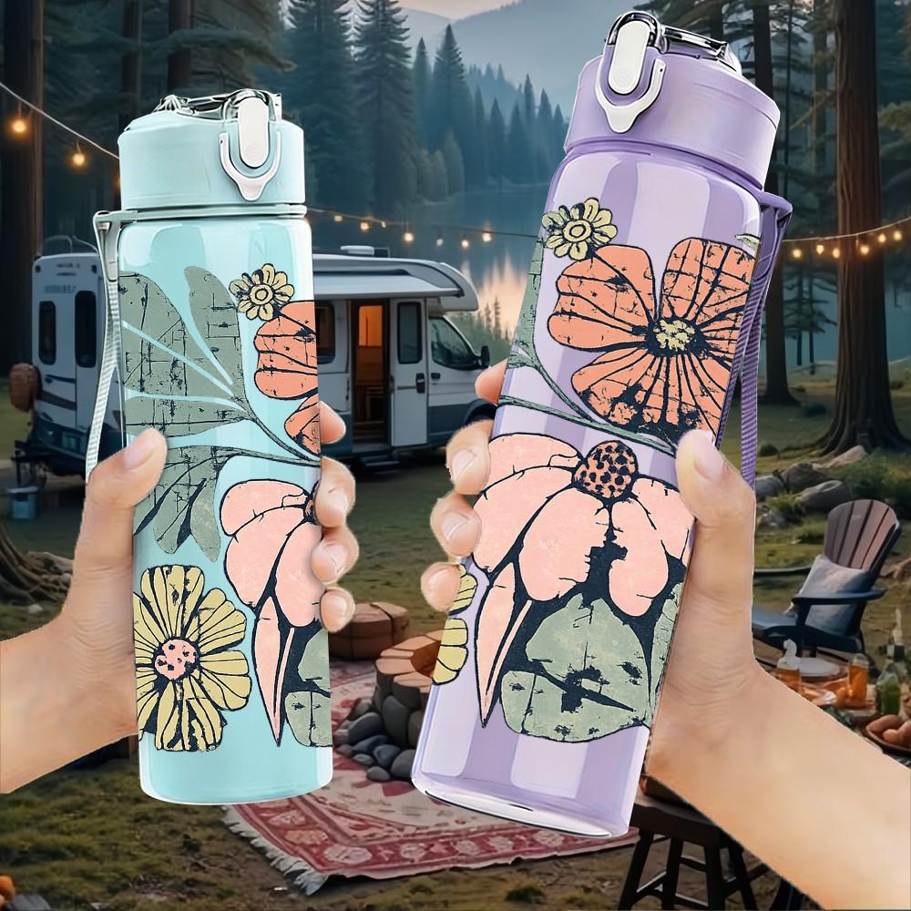 1PC Vintage Mixed Wild Flower Print 750ml Color Plastic Sports Water Bottle Leakproof Flip Straw Lid Suitable for Sports Office Home Use