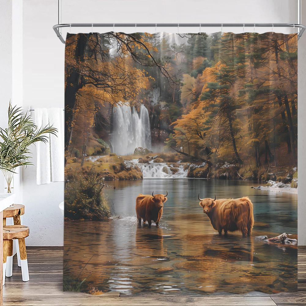 Herbstwald Duschvorhang Hirsch Hochlandrind Tiger Wildtier Natur Herbstlandschaft Badezimmerdekoration Polyester Duschvorhang