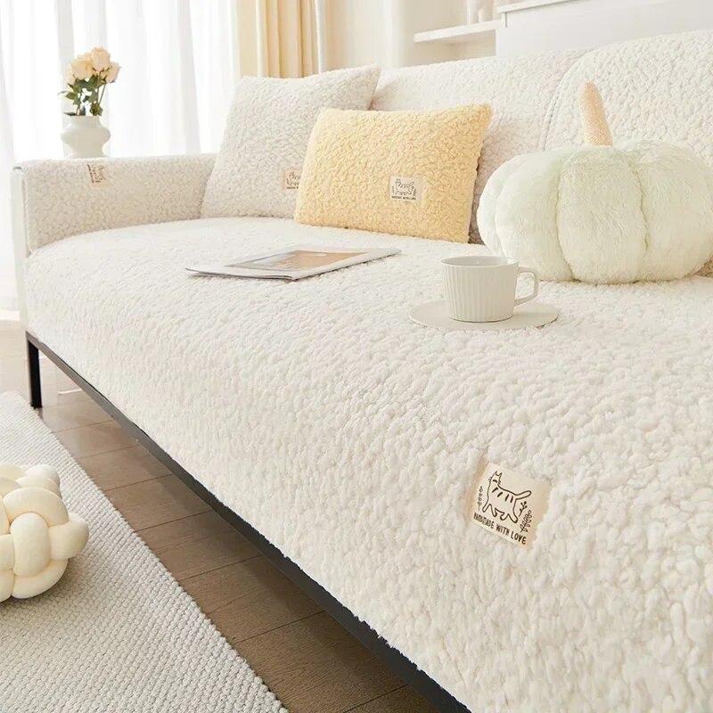 Nordic Solid Color Winter Lamb Wool Sofa Towel Thicken Plush Soft and Smooth Sofa Covers for Living Room Anti-slip Couch Cover