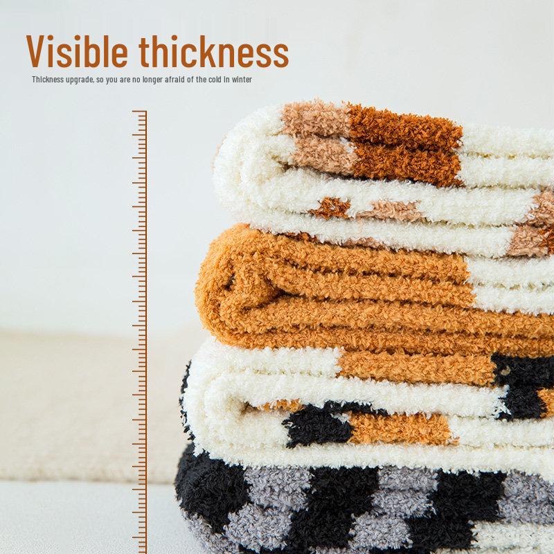 Women's Mid-Calf Coral Fleece Socks: Half-Sided Fleece, Cat Paw Design, Cute & Cozy for Autumn/Winter