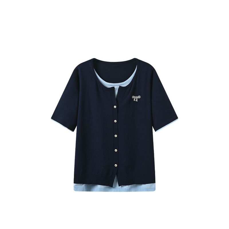 

Cara Club Plus size Short sleeve T-shirt Knit Women Summer New Fat Sister Slimming Fake Two Pieces Top Navy Blue M