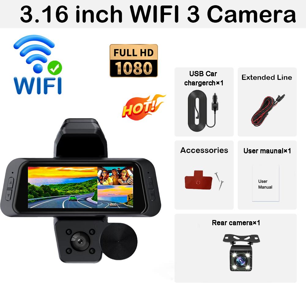 3Camera Dash Cam For Car Camera 1080P Video Recorder WIFI Car DVR Front Rear View Camera Night Vision Black Box Car Accessories