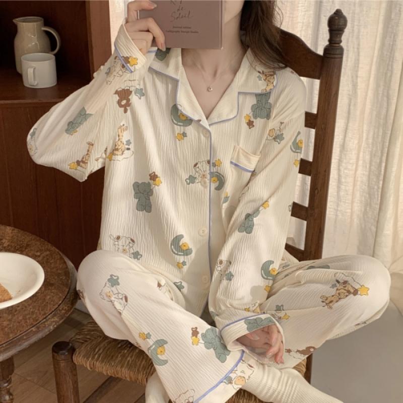 Elegant Sweet Romantic Women's Pajamas Cartoon Print Wrinkled Cloth Sleepwear New Fall Fashion Nightwear