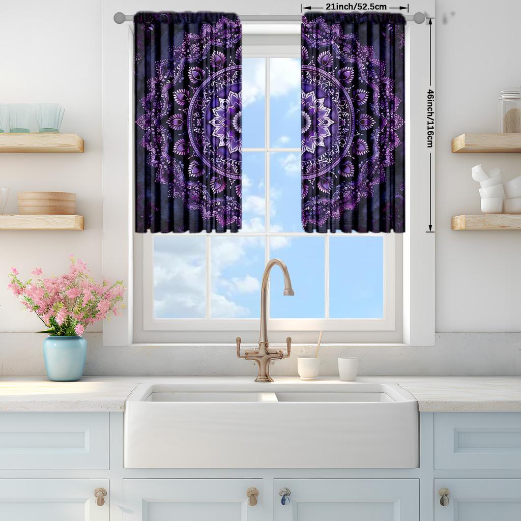 2pcs Purple Black Mandala Printed Curtain for Home Decor - Rod Pocket Window Treatment for Bedroom   Office and Kitchen