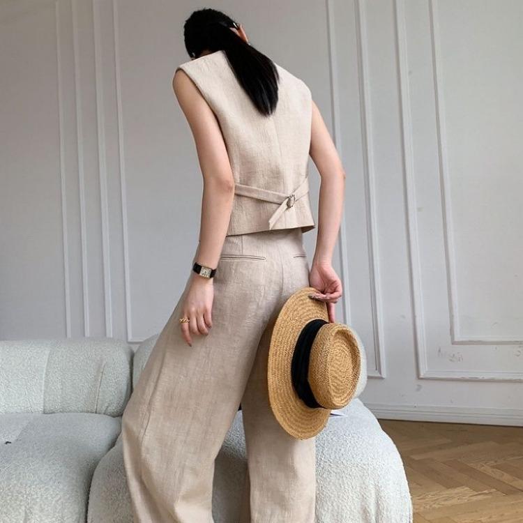 Mode Premium Set Tweedelig Mouwloos Pak Vest Katoen Linnen Wijde Pijpen Casual Slankmakend