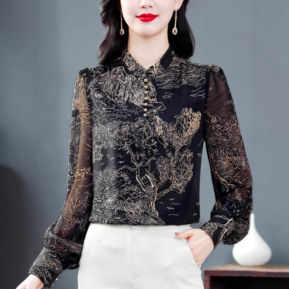 Spring New Women's Printed Chiffon Shirt Women's Long-sleeved Printed Top Loose and Thin Belly-covering Shirt