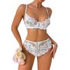 Conjunto Elegante de Duas Peças Florais em Renda Francesa: Sutiã de Anel de Aço Vazado Branco & Cuecas Sexy"
