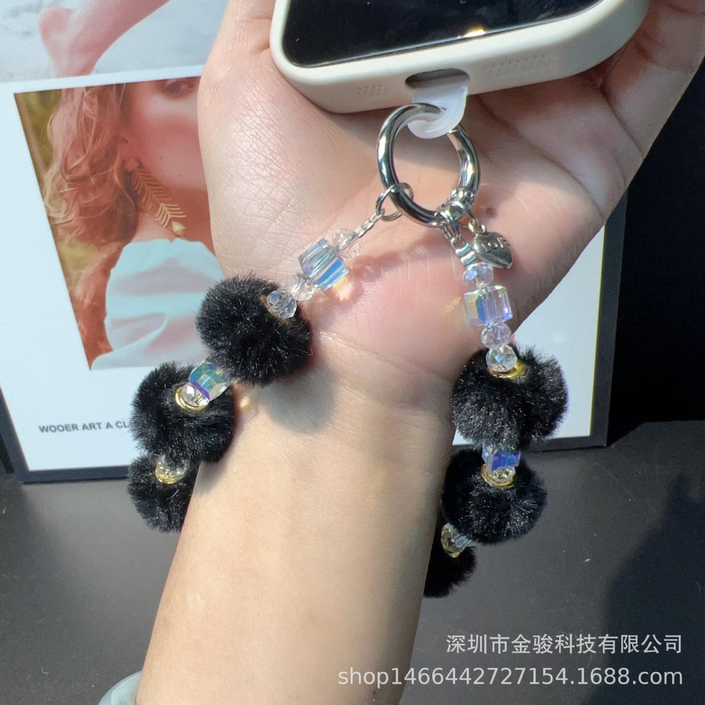 Crystal Pom-Pom Autumn Winter Phone Chain Keychain Plush Beaded Bracelet Bag Pendant Small Gift Phone Strap Wholesale