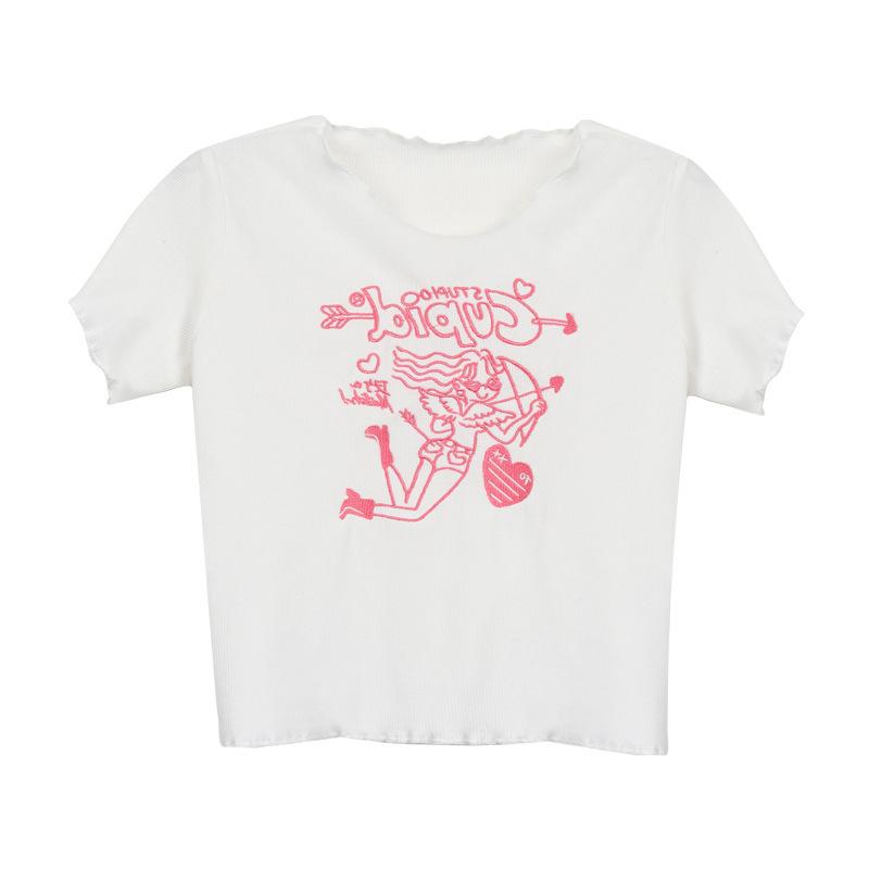 

Белая футболка с короткими рукавами для женщин, летняя, новая, корейская, короткая, с открытым пупком, студенческая, вышитая, модная женская одежда 2XL белый