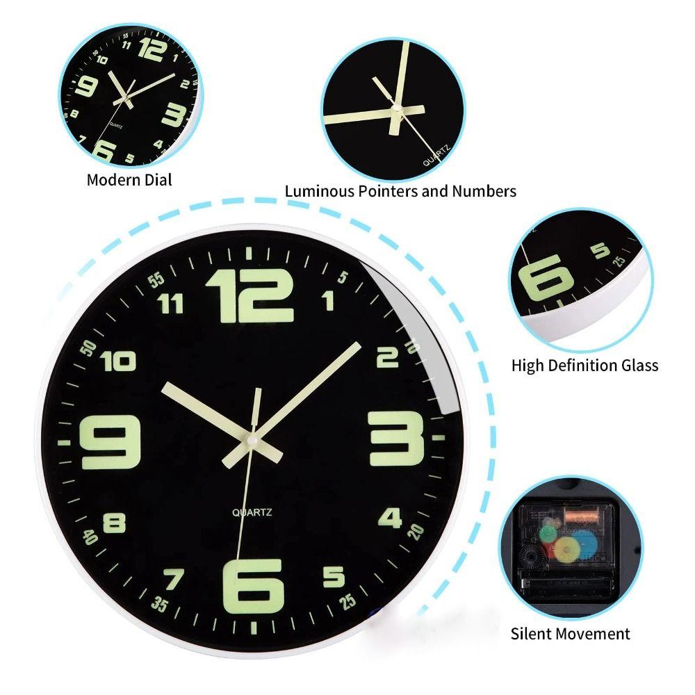 12 Inch Luminous Wall Clock Silent Non Ticking Round Plastic Modern Digital Clock for Living Room Home Office