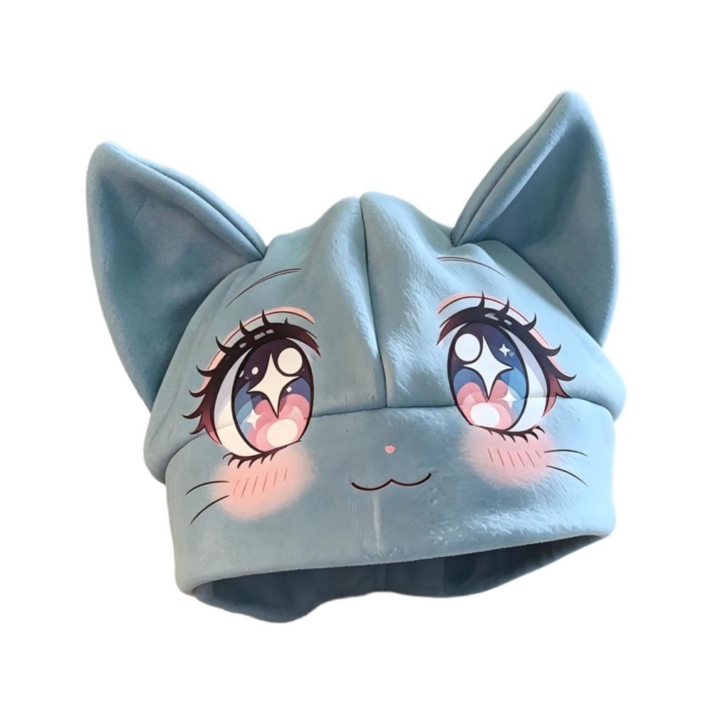 Foldover Cuff Cat Ear Beanie Hat Cartoon Animal Face Winter Skull Cap Cuffed Beanie  Daily Outfits