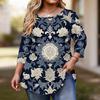 Women's Fashionable Casual Floral Print Plus Size Three-Quarter Sleeve Round Neck Top With Curved.