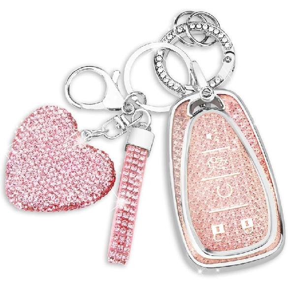 QBUC For Chevy Key Fob Cover With Diamond Keychain, 5 Button Key Case For Women For Chevrolet Equinox Malibu Camaro Blazer Cruze Traverse Trax Volt