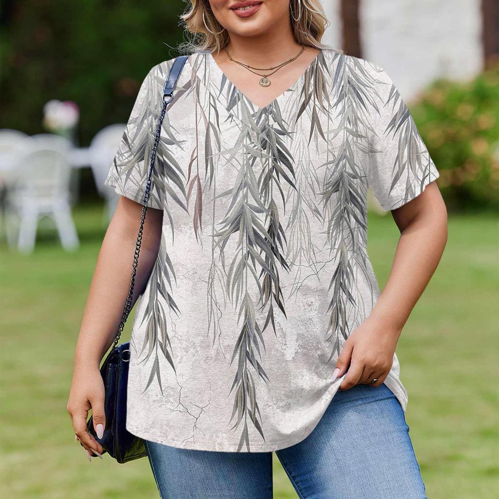 Women's Plus Size Fashionable Casual Loose-Fit Short Sleeve Elegant V Neck Blouse For Work