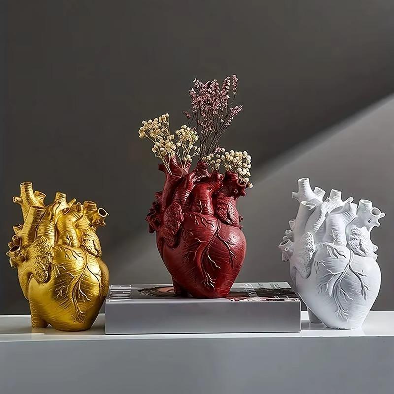 Black Anatomical Heart Vase Simulation Heart-Shaped Art Resin Vase Decorative Potted Flower Vessel Gift Room Office Desk Decor