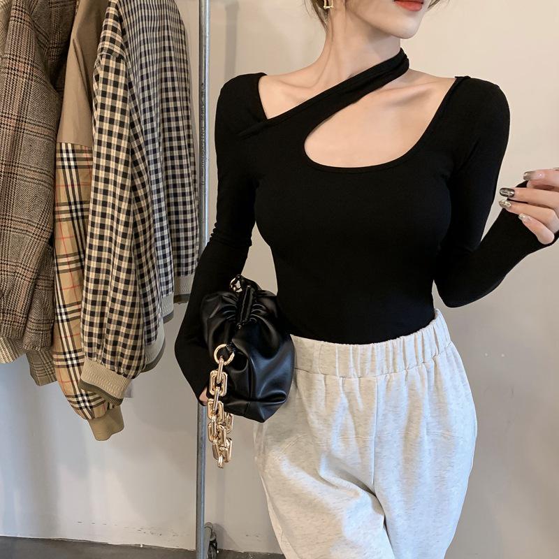 2024 Fall Sexy Slim Fit Halter Neck Long Sleeve T-Shirt for Women