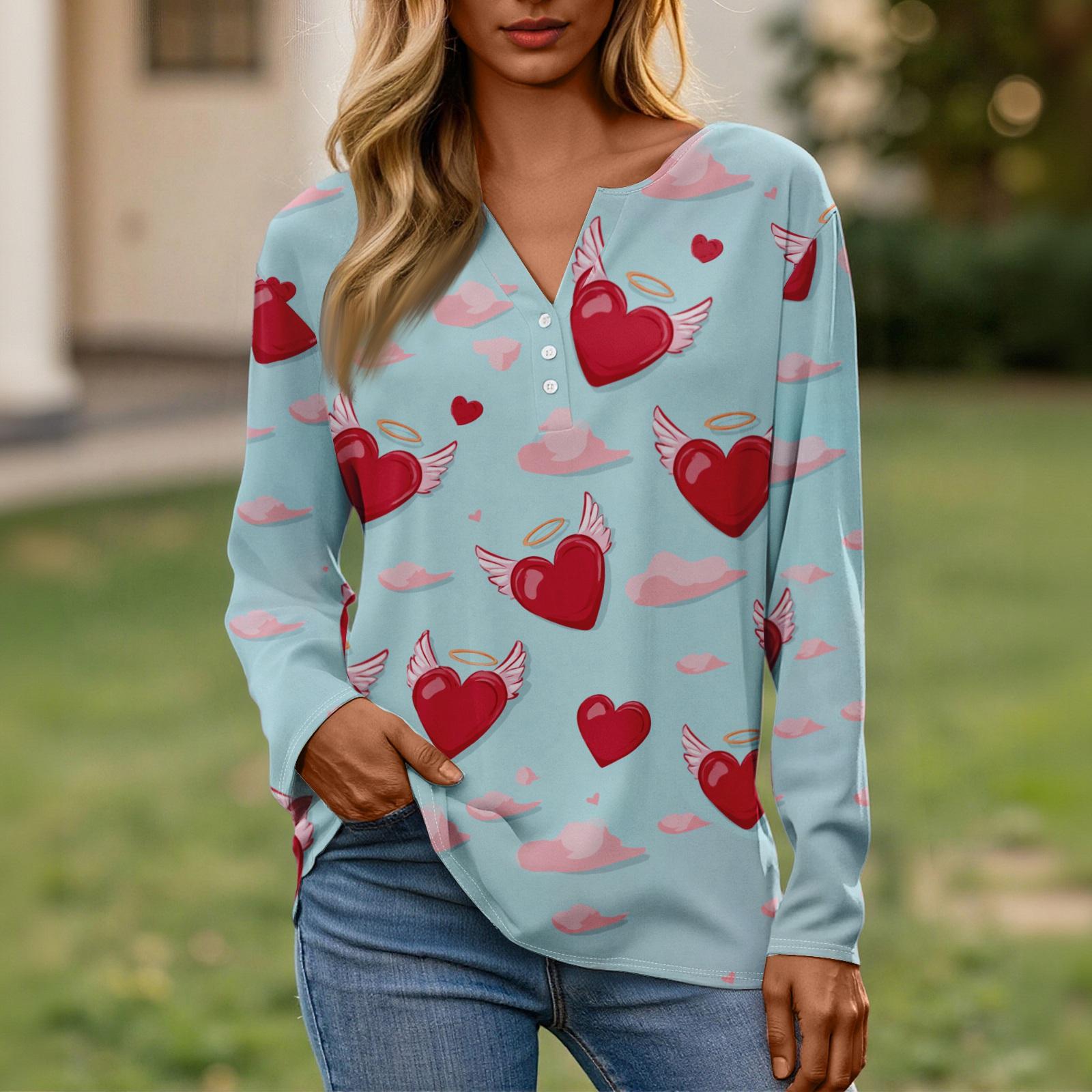

Women s Valentine s Day Fashionable Casual V,neck Long,sleeved Button,down Top XXL рожевий