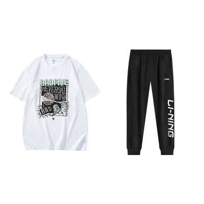 Letter Print Loose Round Neck Short Sleeve Quick Dry Cuffed Long Pants Casual Sports Suit Unisex Suit AHSU979-2+YYKU111-1