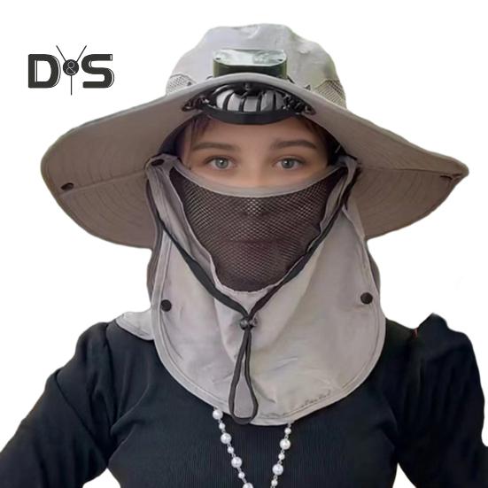 Solar-Ventilator-Hut mit Gesichtsschutz, Nackenklappe, LSF 50+, UV-Schutz, Hut mit Solar-Ventilator, wiederaufladbar über USB, atmungsaktiv, für Herren, Sommer, Outdoor, Angeln, breite Krempe