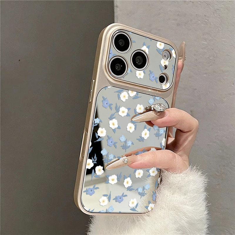 Mirror Apple 16 blue and white flower mobile phone protective case 17air light luxury iPhone15promax new 14 outer
