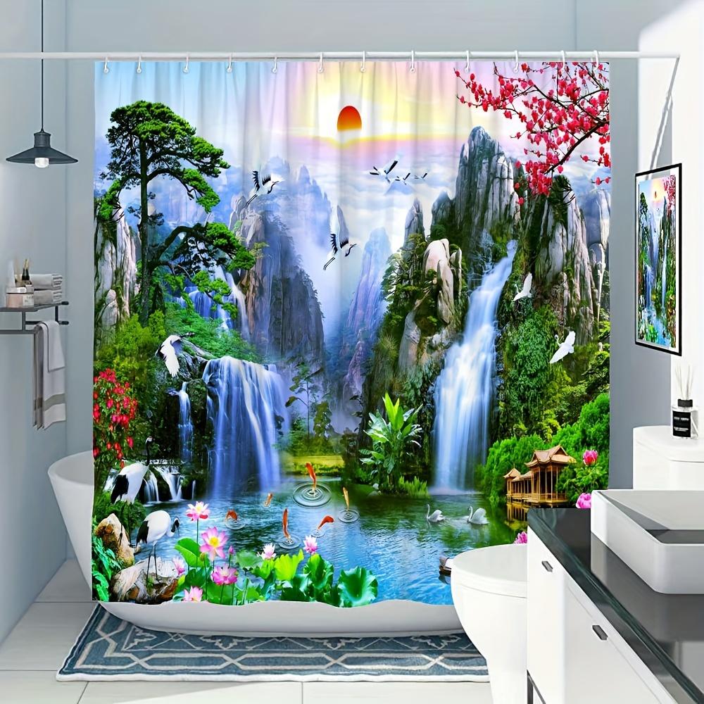 1Pc Mountain And Water Scenery Shower Curtain, Sunrise Beautiful Rivers And Mountains Waterfalls Lakes Pine Trees Pattern