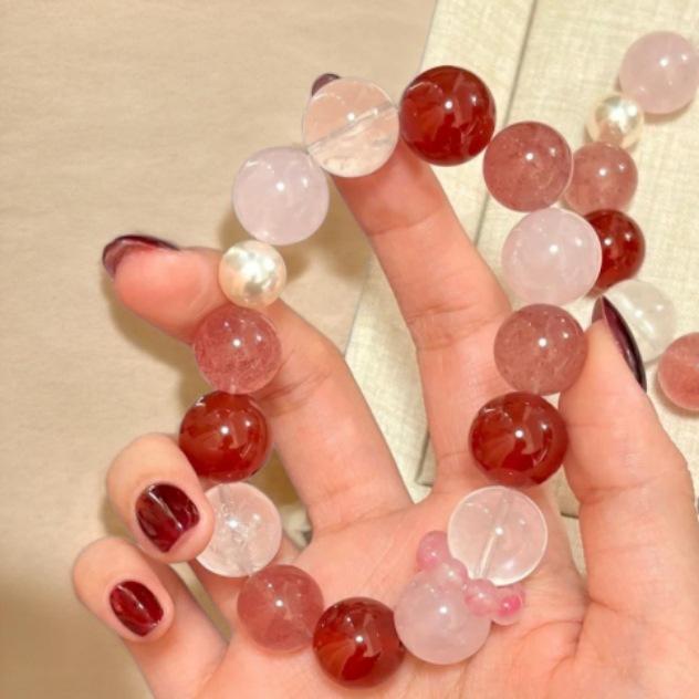 Women's High-End Red Agate & Strawberry Quartz Bracelet with White Phantom, Pearl & Pink Crystal