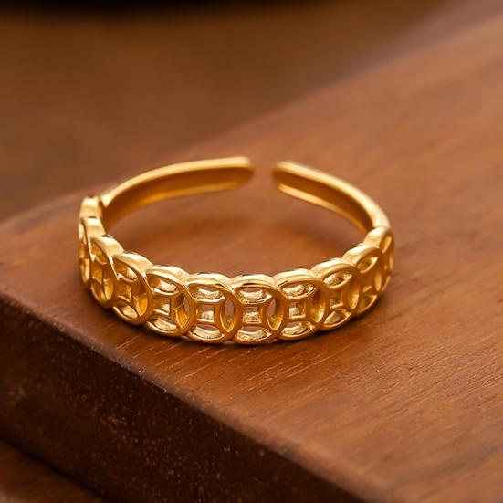 Women Ring Hollow Copper Coin Shape Adjustable Opening Design Finger Ring Fortune-Boosting Ring Versatile Jewelry Gift