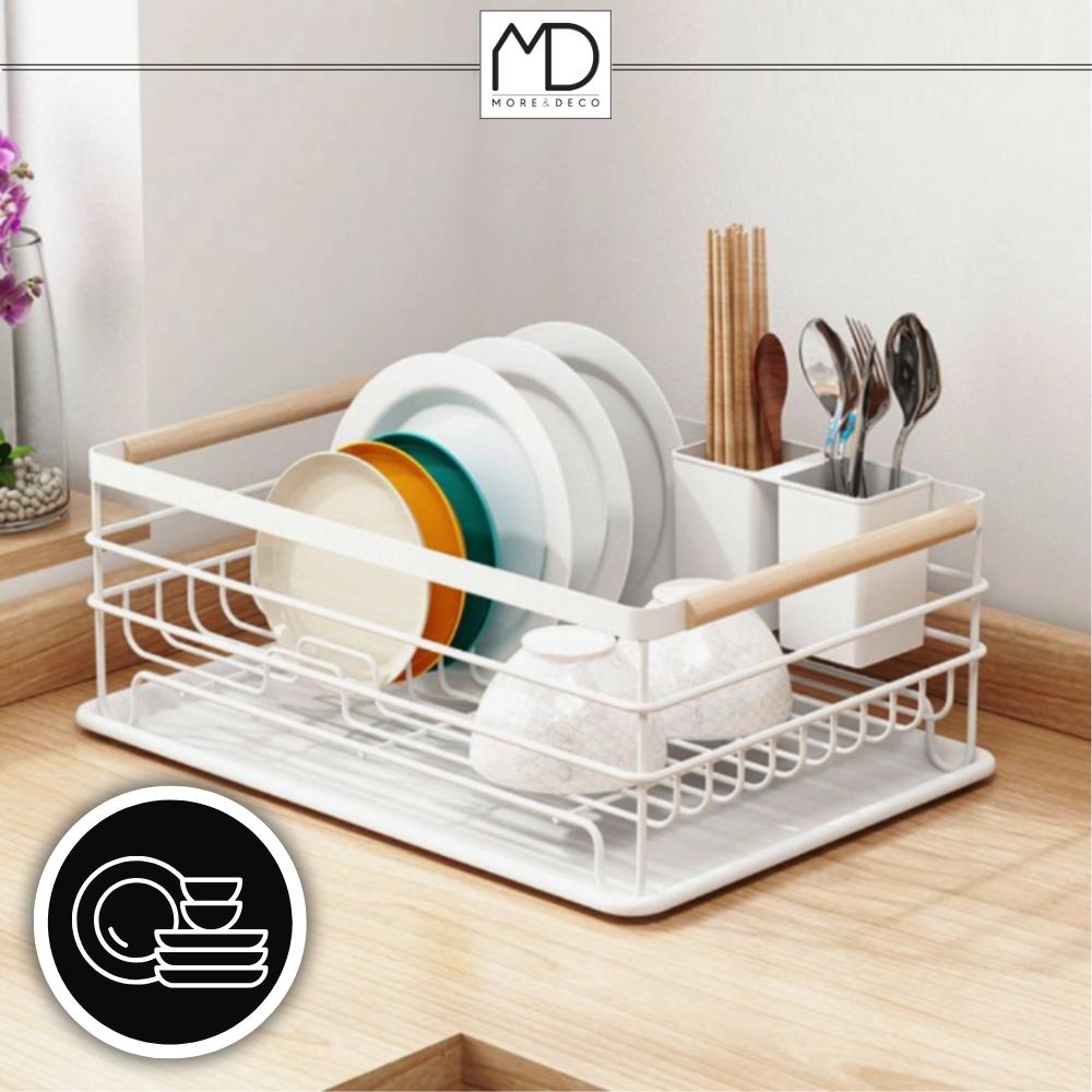 White standing dish drainer for sink, dishes, cutlery, metal