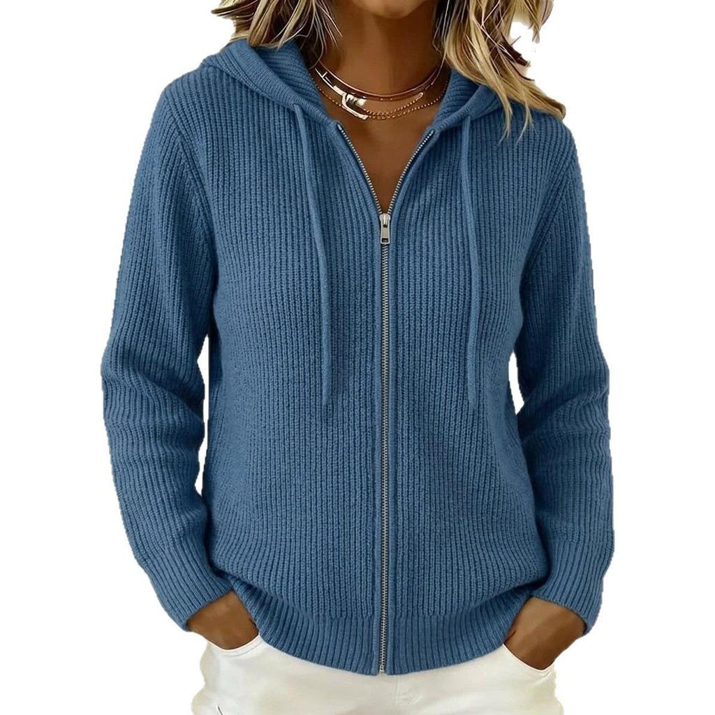 Cardigan lavorato a maglia con cappuccio da donna Autunno/Inverno 2026 - Casual, Vestibilità ampia, Colore tinta unita, Morbido e soffice cappotto maglione con cerniera e coulisse