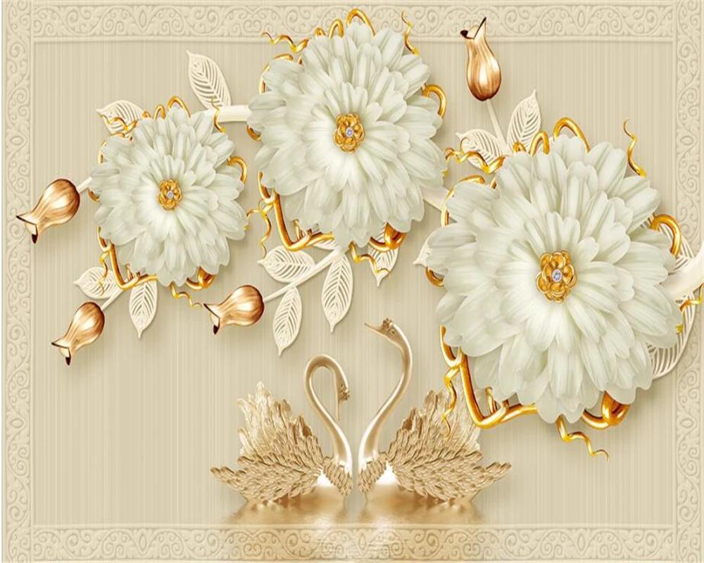 Custom Wallpaper Home Decor Fresco 3d Luxury Jewelry Flowers Wall Mural Swan Romantic 3d Wallpaper