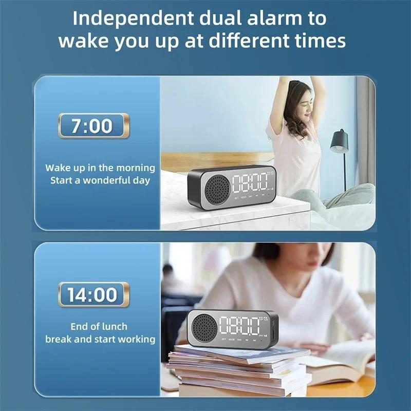 Bluetooth Wireless Audio Office Alarm Clock, Mini LED Mirror Digital Clock, Mobile Phone Speaker, Stereo Audio, FM Radio